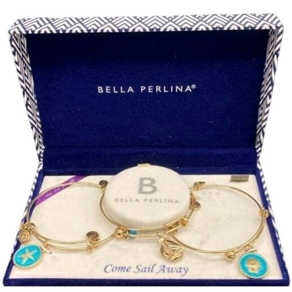 Bella Perlina Gold-Tone Bangle Bracelet Set With Nautical Charms "Come Sail Away - Picture 1 of 4